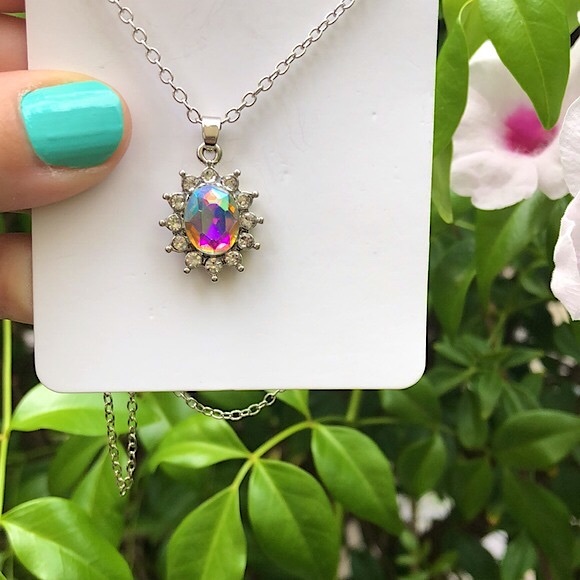 Aurora Borealis Crystal Halo Drop Necklace - Picture 9 of 9